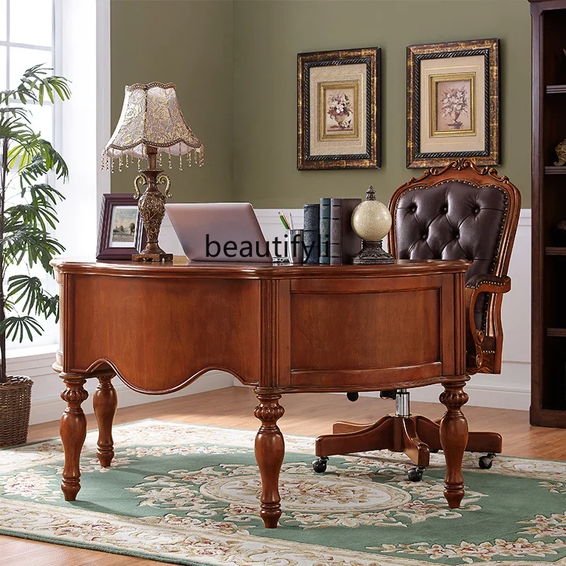 American solid wood home writing desk European semi-circular retro curved boss desk study table