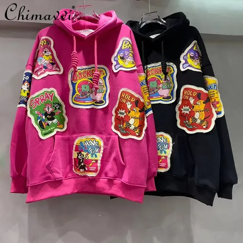 

Thailand Tide Brand 2025 Autumn Winter New Cartoon Patch Printing Medium and Long Hooded Sweater Loose and Thin T-shirt Women