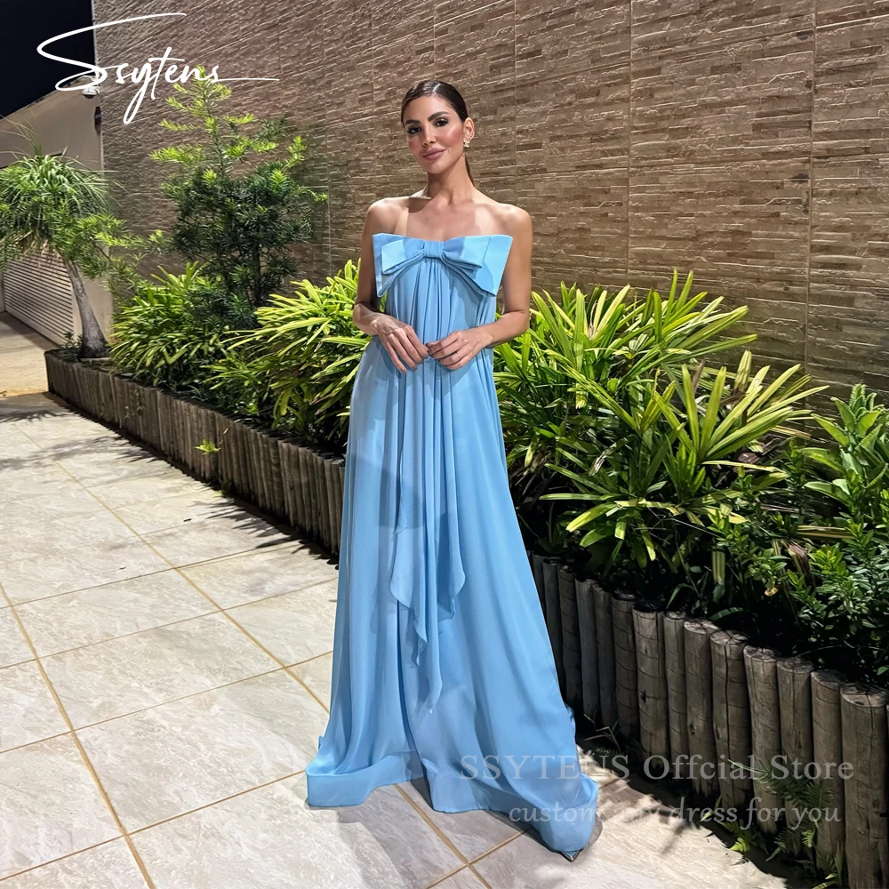 

SSYTENS Elegant Blue Chiffon Evening Dresses Strapless Long Party Dresses Bow Sleeveless Wedding Prom Gowns 2026 Customized