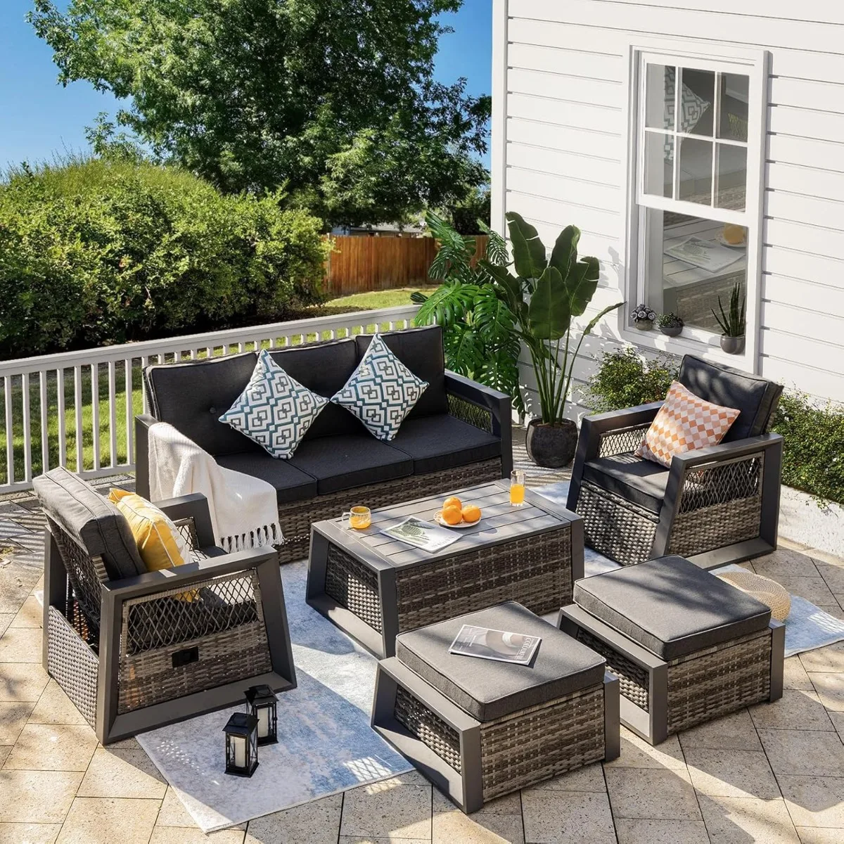 

Outdoor Furniture Set, 6 Pcs Patio Furniture Set with Aluminum Frame, Wicker Recliner Chairs with Ottomans, Sectional Sofa