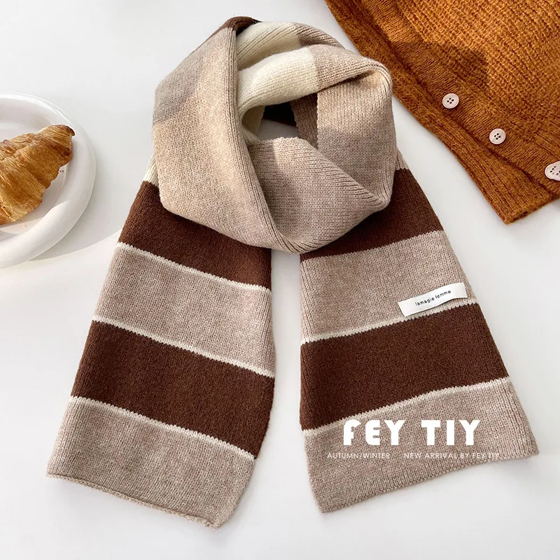 Soft touch color matching striped scarf Japanese and Korean retro winter warm knitted scarf
