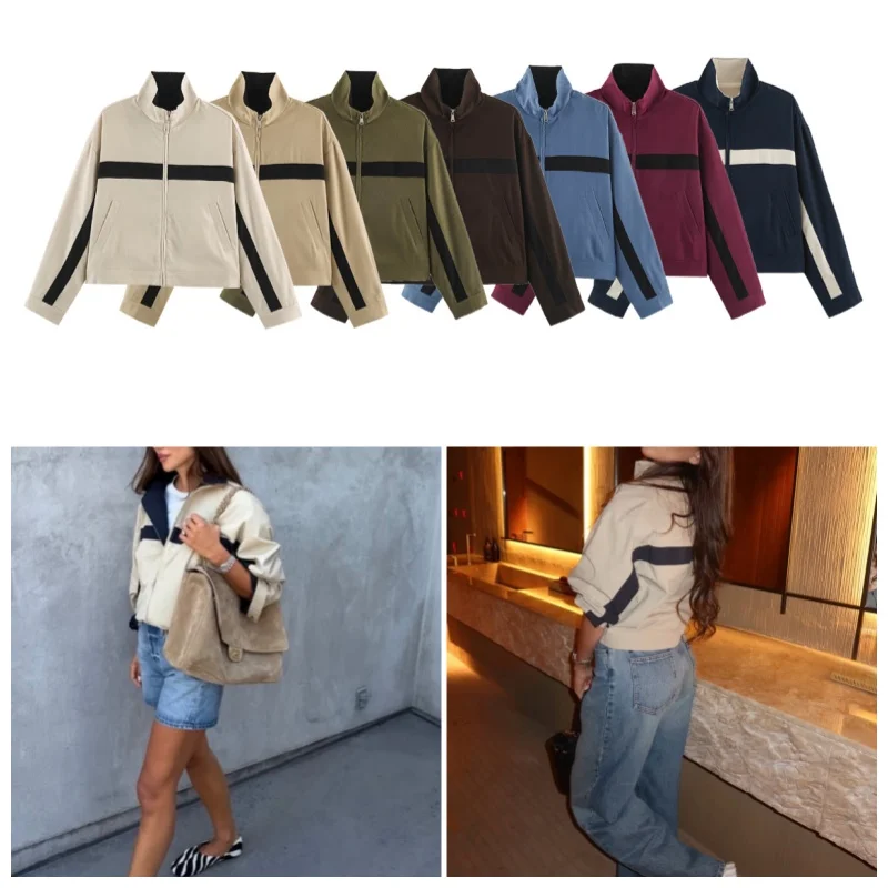 Guobioziy 2026 Women's New Stand Collar Color-Block Zipper Jacket Fashionable and Versatile Casual Simple