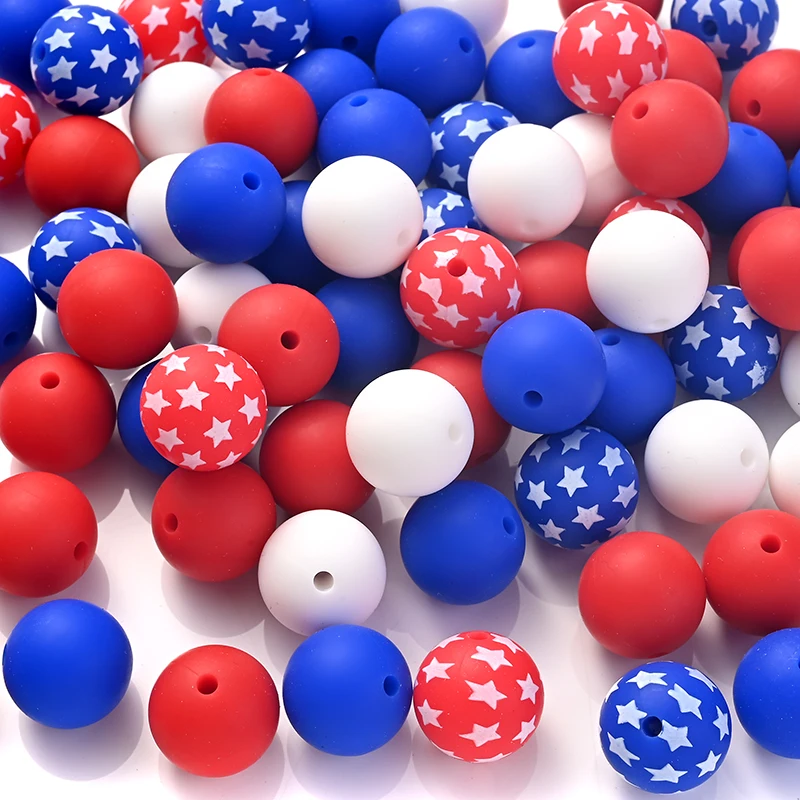 40Pcs Print Round Silicone Beads Same Colored 15mm Beads Sets DIY Keychain Bracelets Beaded Pen Accessories For Jewelry Making