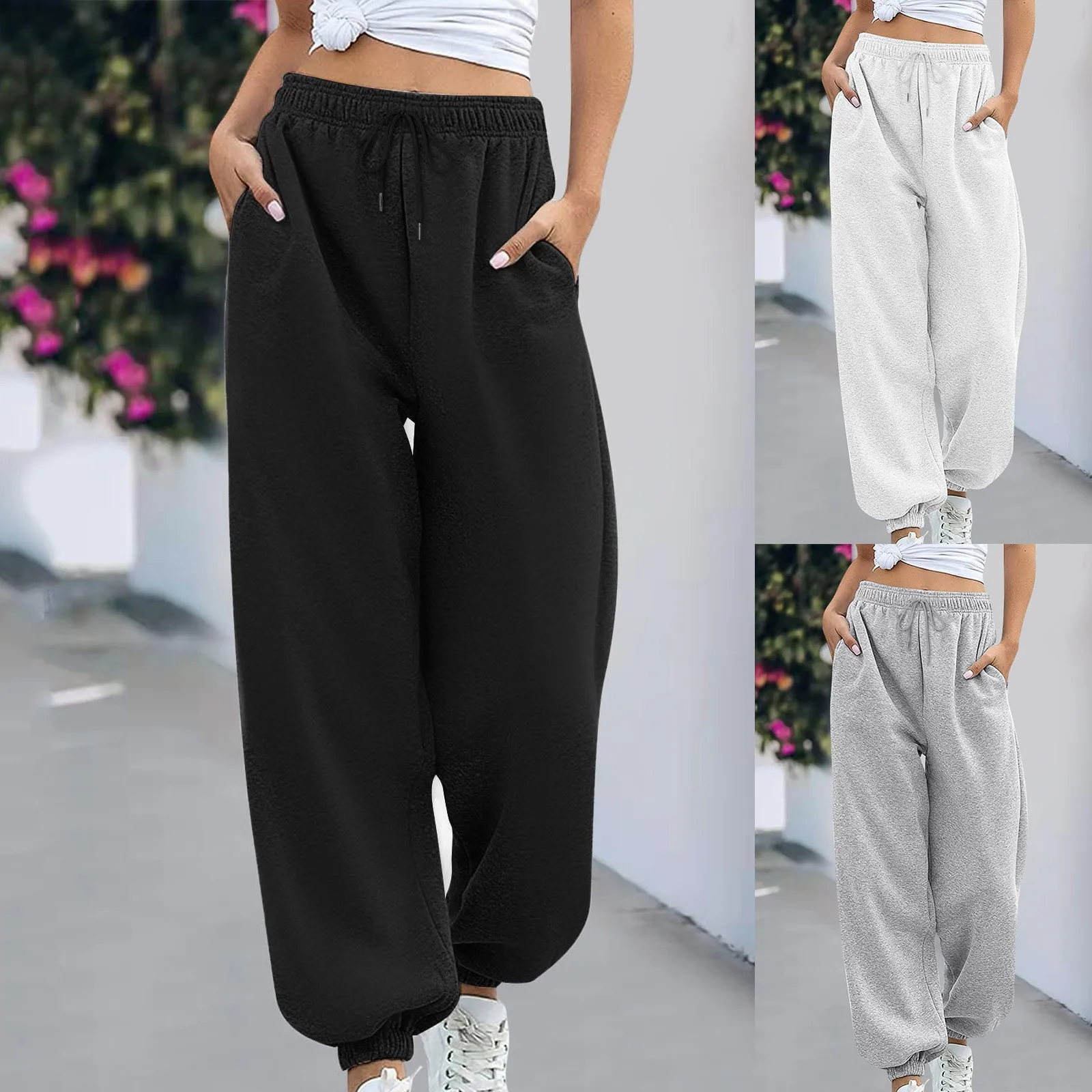 Thickened Cotton Sweatpants Women'S Loose Drawstring Straight Sports Pants Work High Waist Leggings Stretch Pants Bottoms