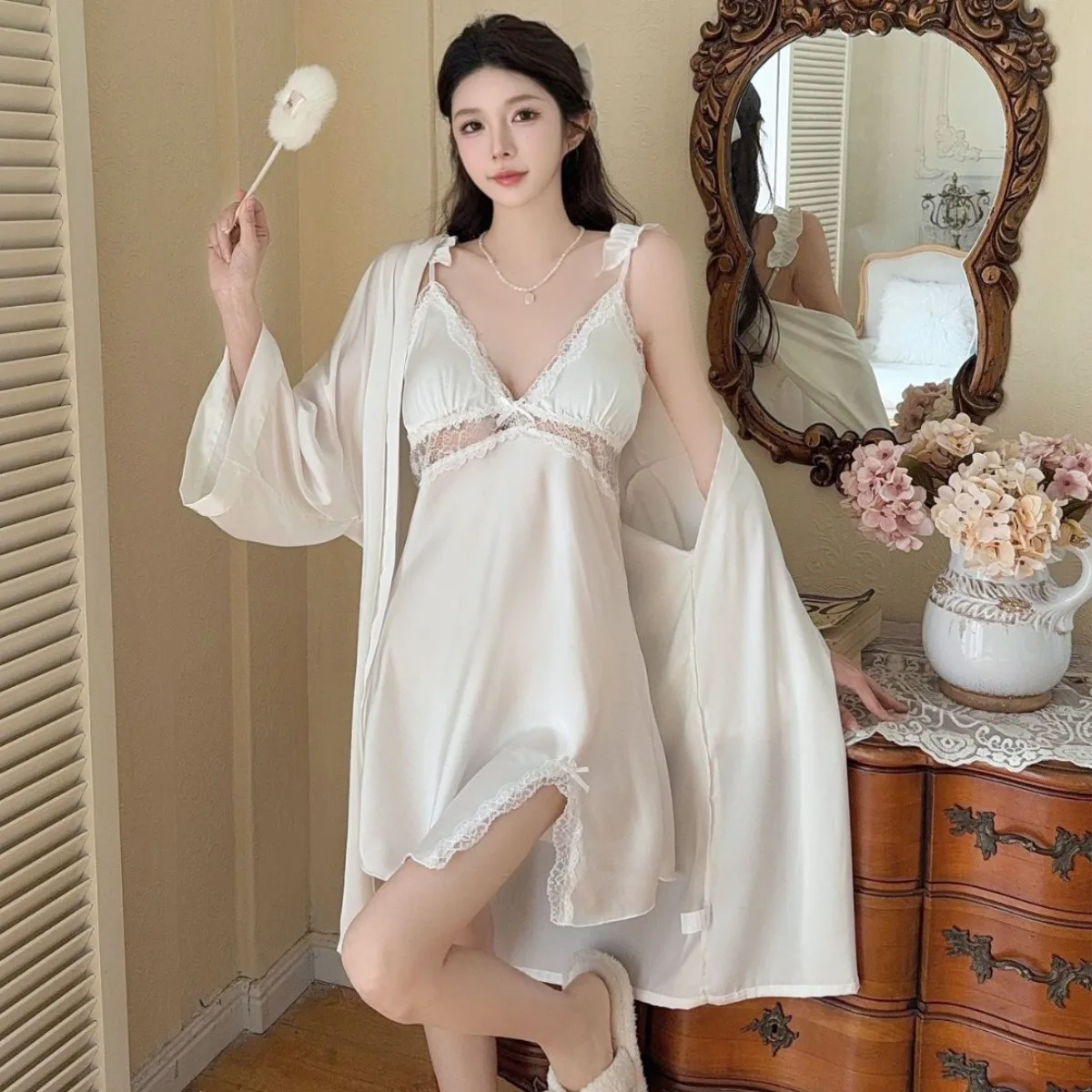 

Sexy Robe Set With Lace Female 2PCS Bathrobe&Suspender Nightdress Two-piece V-Neck Kimono Gown Sleepwear Suit Women Home Wear