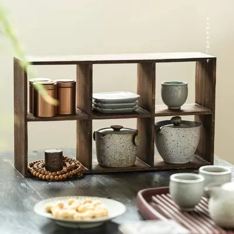 Solid wood tea cup holder, teapot holder, Duobao grid tea set, Bo Gu holder, handcrafted nine palace grid storage rack, six pala