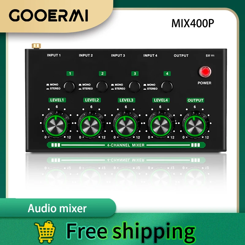 

GOOERMI MIX400P Low Noise 4-way Audio Mixer Mixer Microphone Instrument Distribution Expander Four in One Out Mix