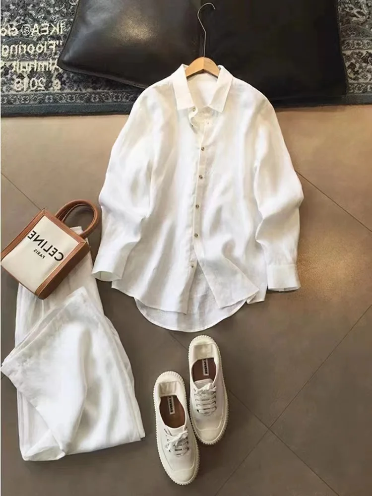 Women's Cotton Linen Set Casual Sle Two-Piece Suit Autumn Faion Design Sensation Large Size irt And Straight Leg Pants