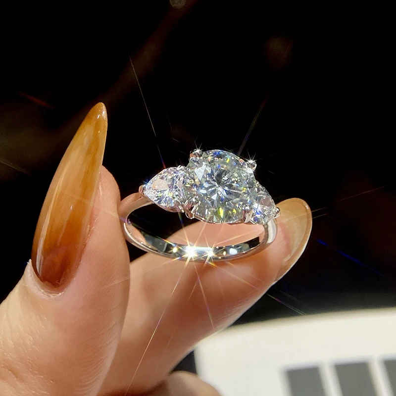S925 فضة 3CT مويسانيتي مستدير الماس مزدوج الحب القلب أربعة مخالب خواتم للنساء مجوهرات الزفاف الخطوبة #2