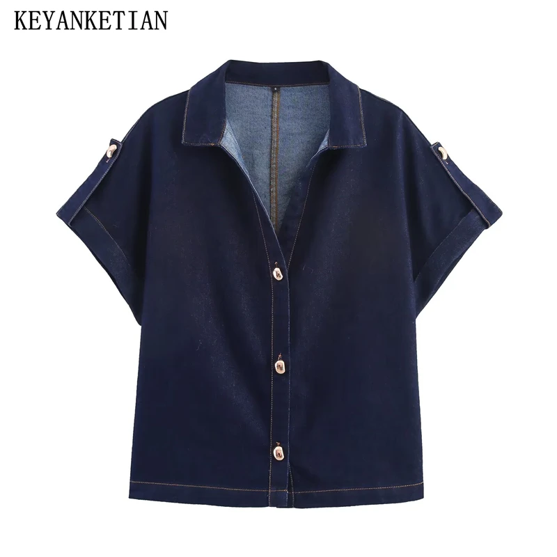 

KEYANKETIAN Summer New Women's Retro Lapel Armband Single Breasted Short Sleeved Denim Shirt Women Cardigan Top