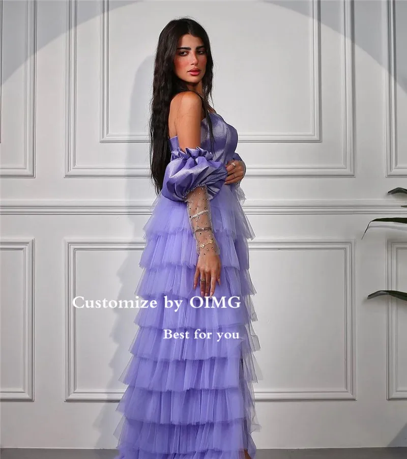 Vestidos de Fiesta de noche cortos de satén lavanda con escote Corazón, volantes de tul, sobrefalda escalonada, mangas largas, cuentas, vestidos de graduación árabes