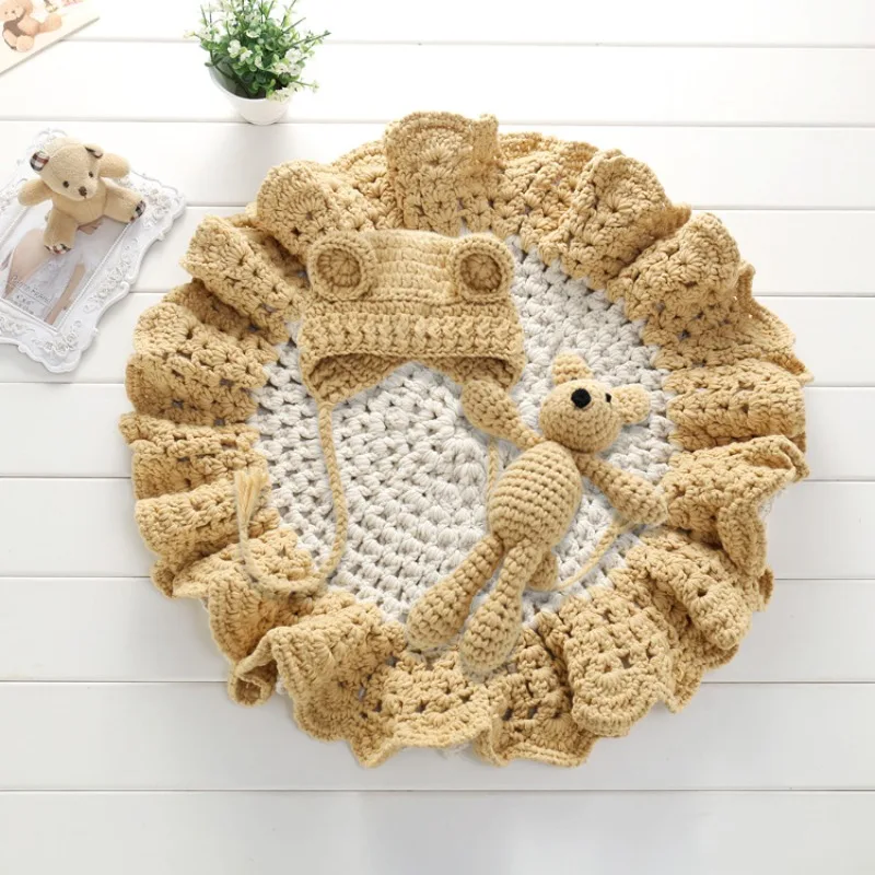 Hand Woven Baby Photography Costume Teddy Bear Doll Three Piece Set Newborn Photography Outfit Photography Props Photography