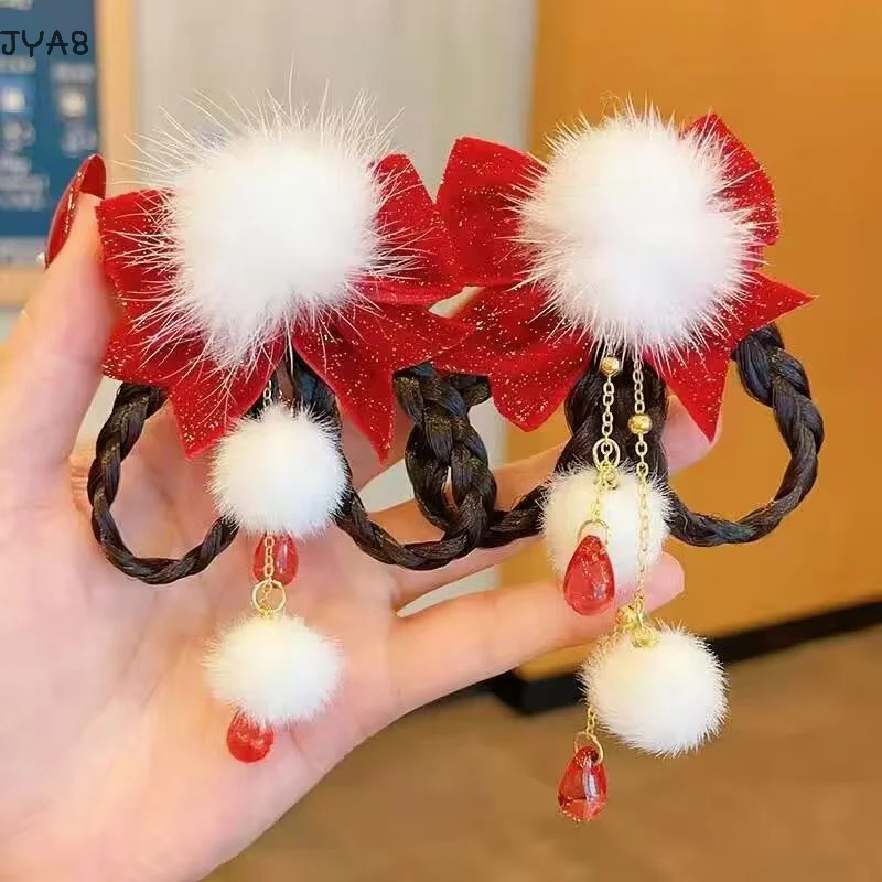 

Chinese Ancient Style Children's New Year Kawaii Hair Clips Bow Tassel Wig Hair Clip Hanfu Hair Accessories Hair Clip Headwear