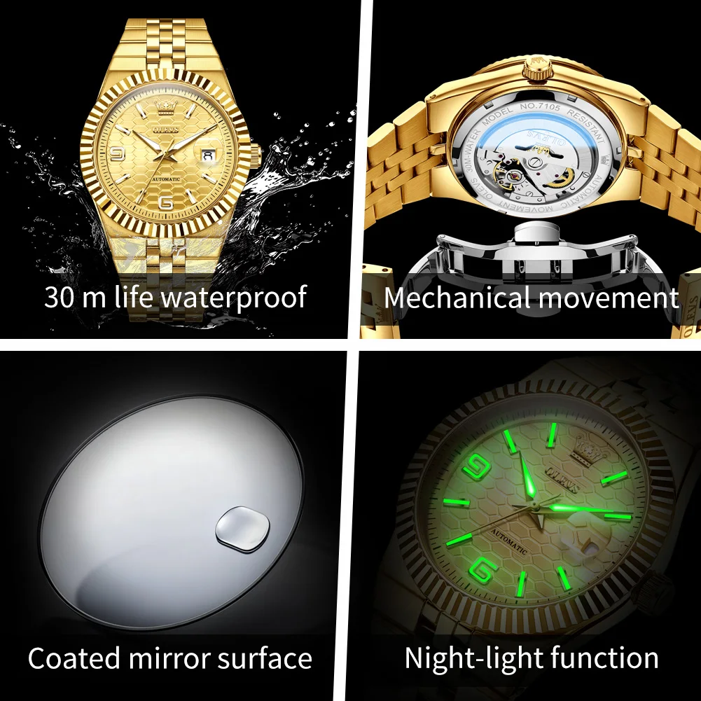 OLEVS 7105 ساعة رجالية فاخرة ذهبية جميع ساعة ميكانيكية أوتوماتيكية من الفولاذ المقاوم للصدأ مقاومة للماء تاريخ مضيء ساعة رجالية عالية Reloj #5
