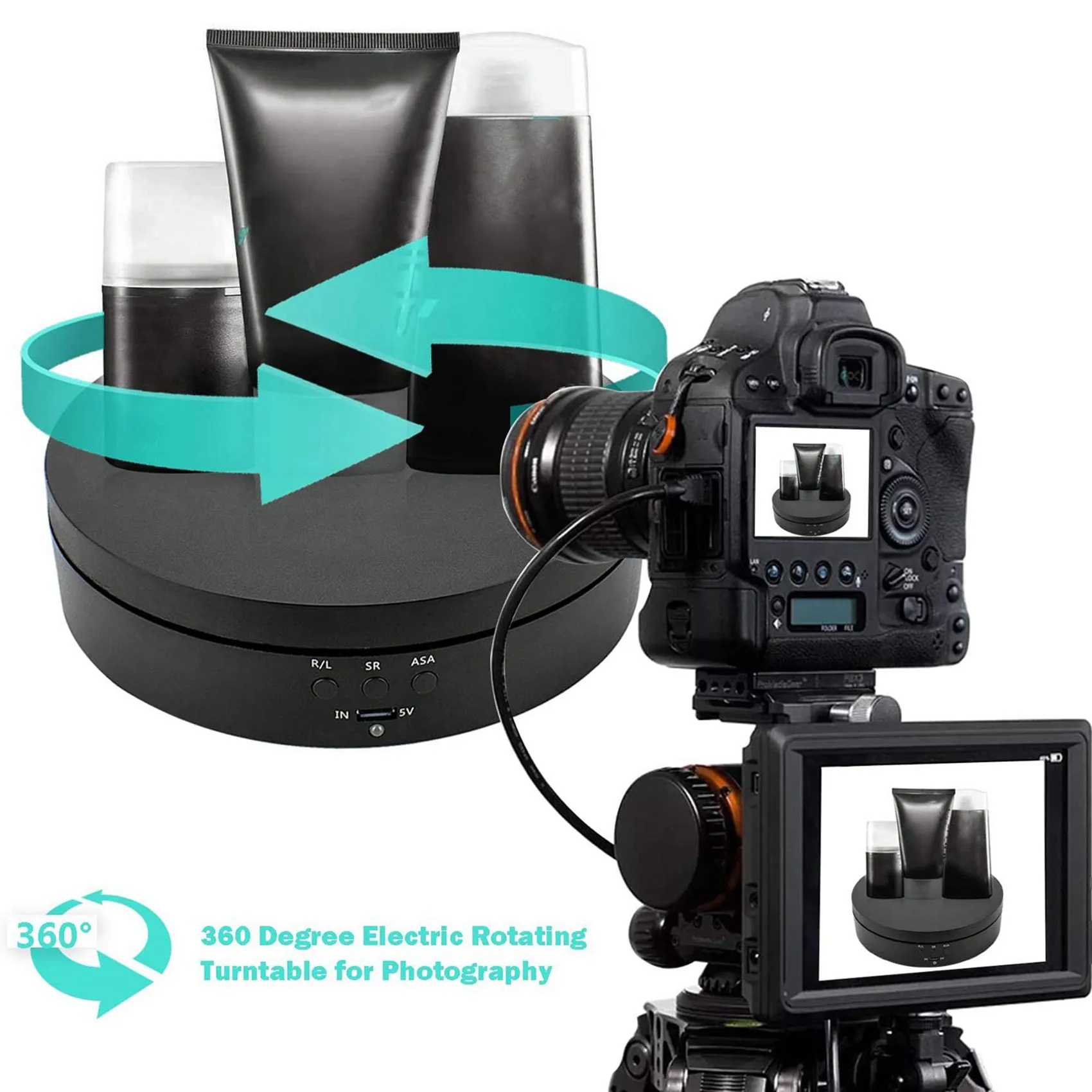 A93E-2X Black Rechargeable Turntable Display Stand, 360 Degree Rotation Speed/Angle Adjustable