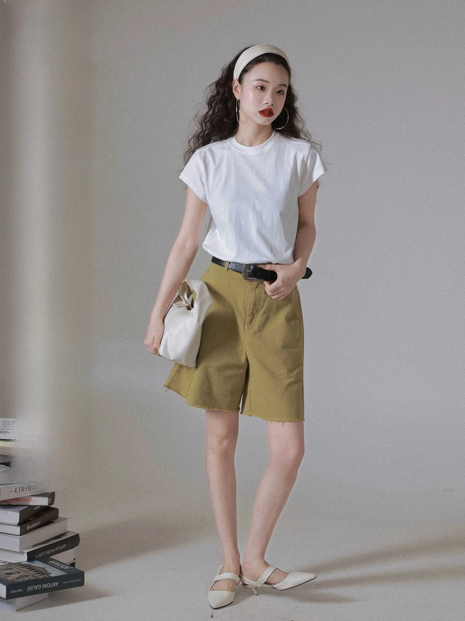 

Waed Cotton orts Ivy Yang Pure Cotton Summer Casual Wide Leg Pants Five-Quarter Length Simple Versatile l Waist