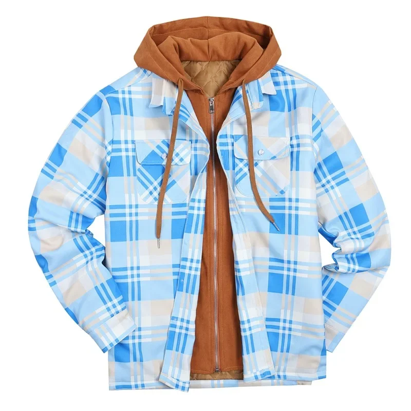 Winter jacke Männer Plaid Print Langarm Kapuze gefälschte zwei Mäntel Mode Streetwear große Ropa de Hombre Oberbekleidung Tops