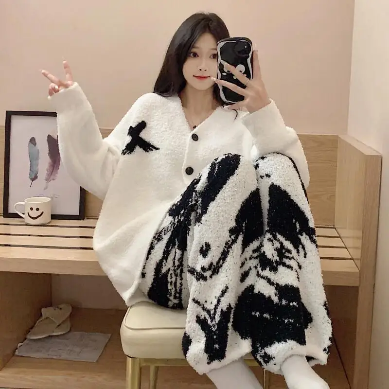 

Модный сексуальный милый пушистый удобный вязаный мягкий кардиган осень и зима популярный женский пижамный комплект из кораллового флиса новый стиль