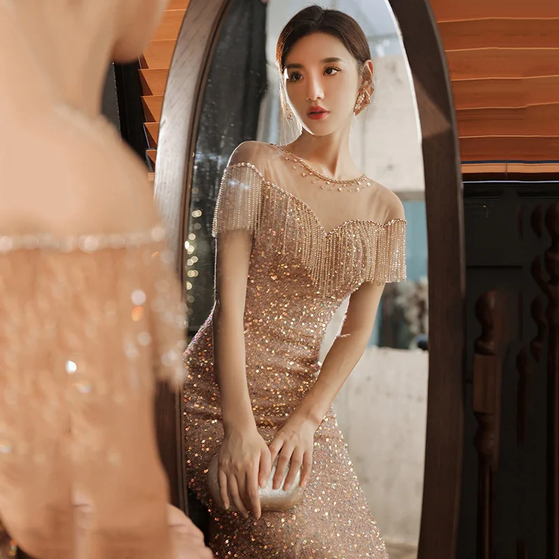 

Long Sequin Evening Gown Wedding Dr Women's Sle Birthday Par Skirt High Waist Fi Tail Design Cusizable Engagement