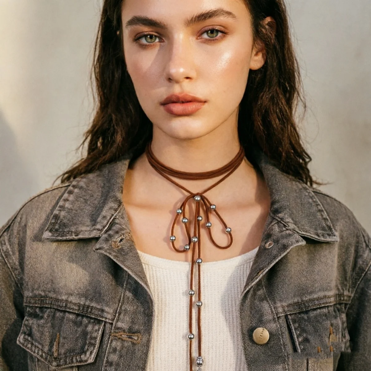 Trendige mehrschichtige Samt-Kordel-Schleifenkette für Damen und Herren, Retro-Western-Ästhetik, runde Perlen, Schleifenknoten-Choker-Schmuck. – Detail 17