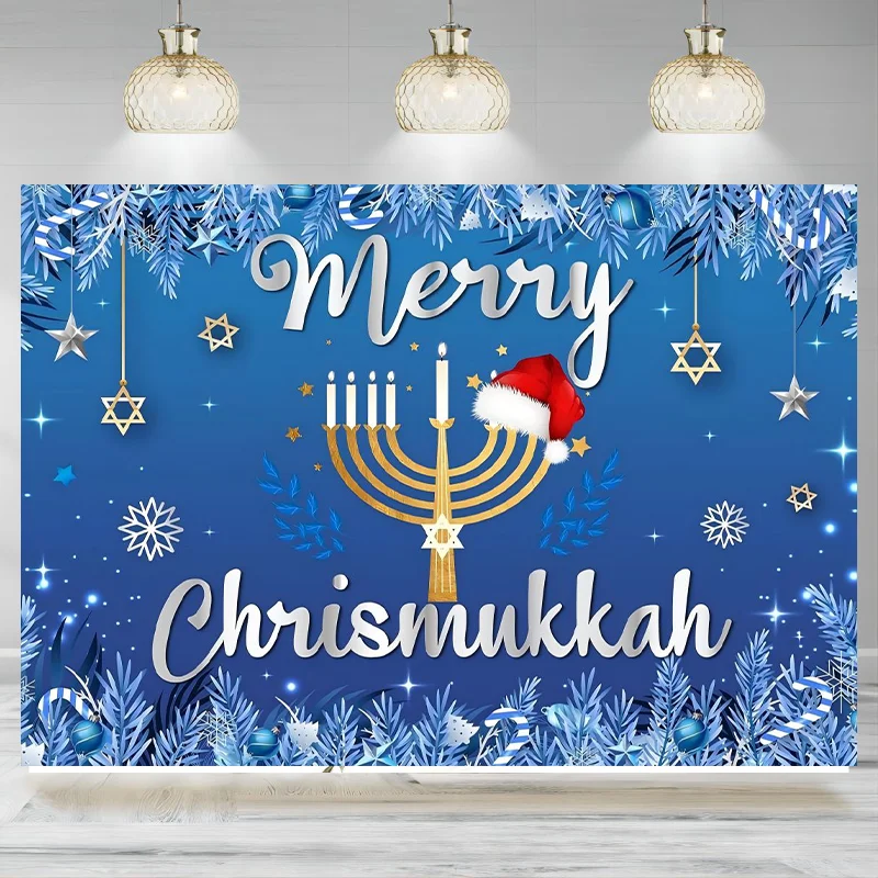 Merry Chrismukkah Backdrop Hanukkah Christmas Banner Hanukkah Blue Silver Chanukah Festival Holiday Photographic Background