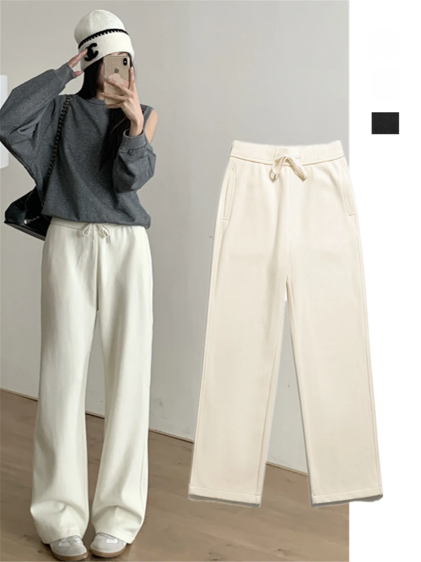 

Корейские спортивные брюки с высокой талией, на флисовой подкладке, вязаные, с эластичным поясом на шнурке, прямые, теплые, свободного кроя, с эффектом легкости, маленький размер