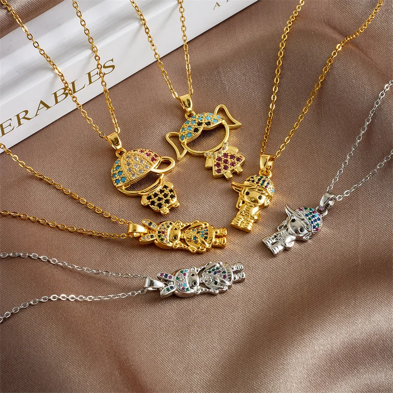 Fashion Simple Boys Girls Wearing Hats Colorful Zircon Gold Silver Stainless Steel Chain Pendant Necklace for Friends Cute Gift