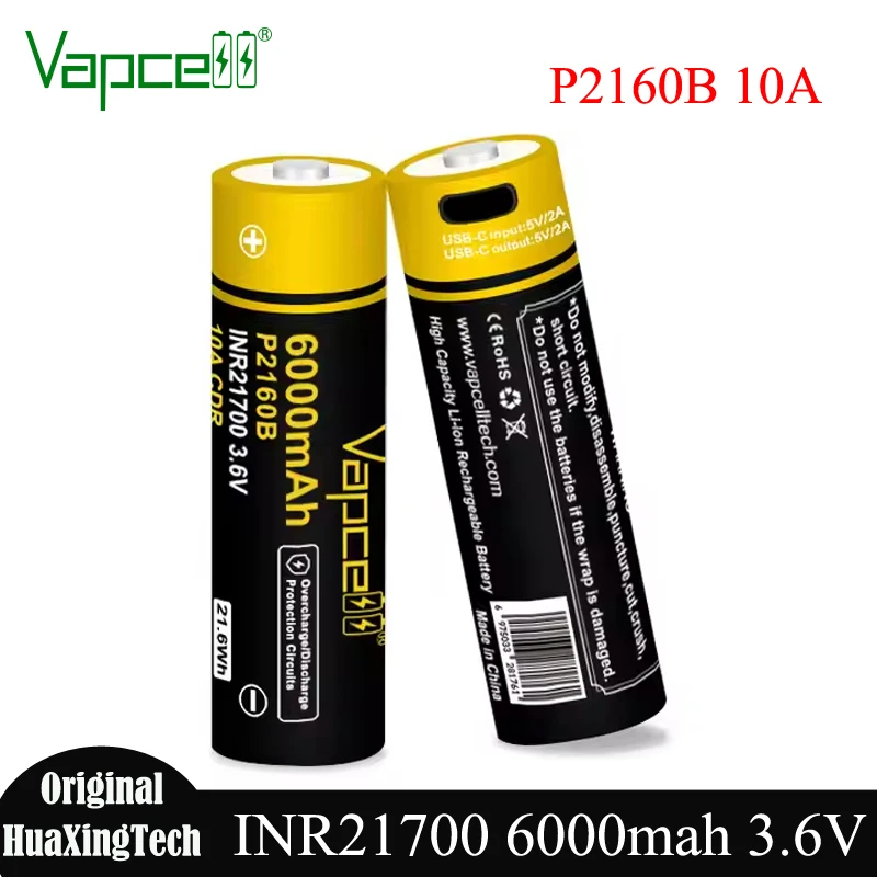 Vapcell original p2160b inr 21700 6000mah bateria 10a vs p2160a bateria de lítio recarregável de alta capacidade USB-C para lanterna
