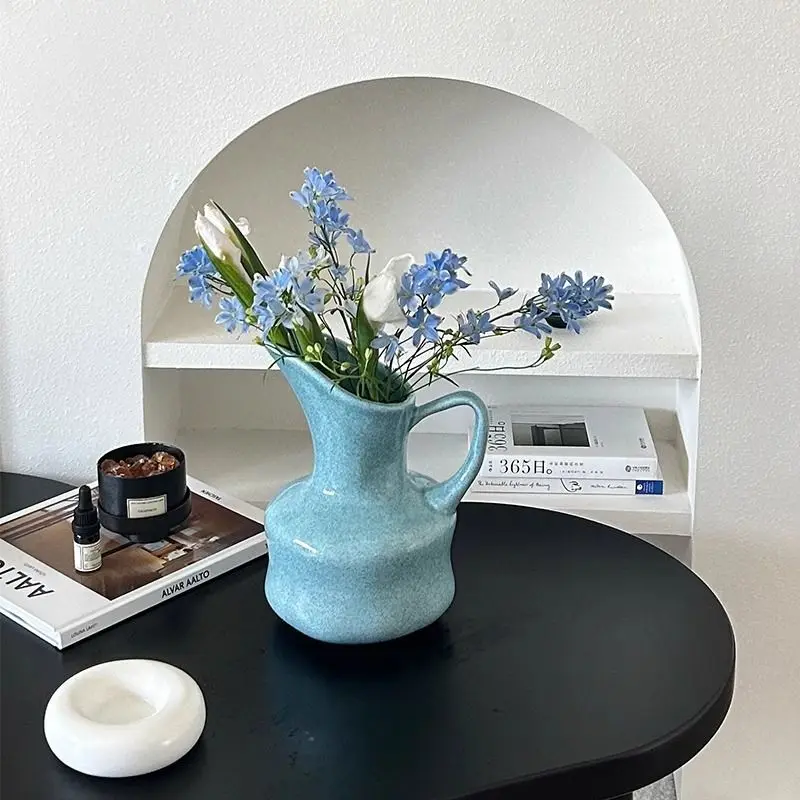 Korean Style Fresh Blue Vase Vase Ceramic with Dry Flowers Home Tabletop Ornaments High Appearance Level Simple