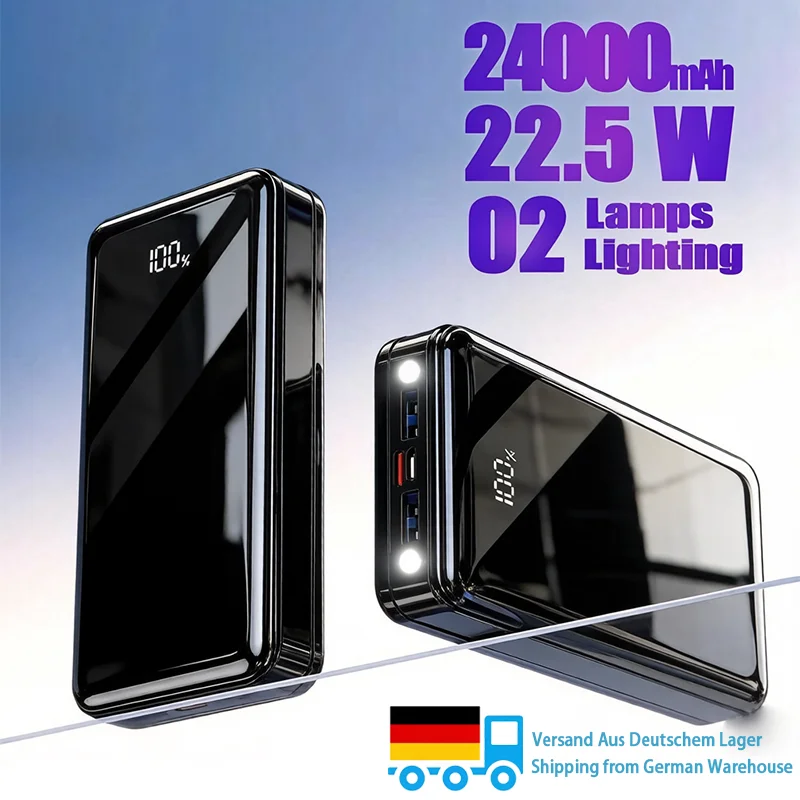 Hganus Banco de Energía Portátil de 24000mAh con Linterna LED Dual, Carga Rápida PD de 22.5W, Puertos USB Tipo-C, Batería Externa
