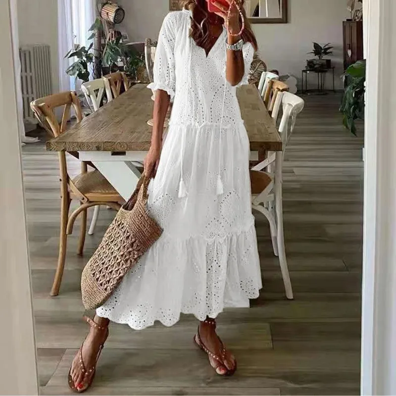 Summer Cotton White Dress for Women Casual Hollow Crochet Bohemian Loose Beach Long Dress Ladies Plus Size Holiday Ruffles Dress