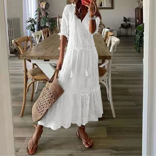 Vestido blanco de algodón de verano para mujer, vestido largo informal holgado bohemio de ganchillo con huecos para playa, vestido de talla grande con volantes para vacaciones