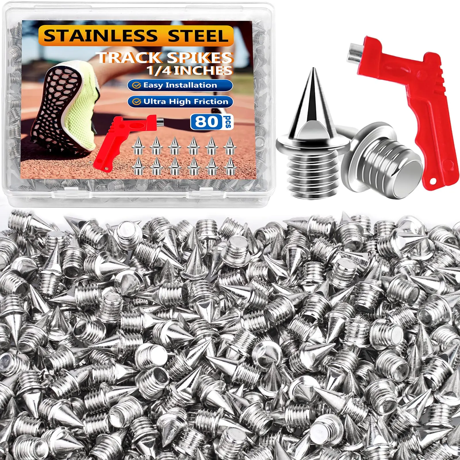 

80 Pcs 1/4 Inch Track Spikes, Stainless Steel Pyramid Track and Cross Country Shoe Spikes with Spike Wrench, Replacement Spikes