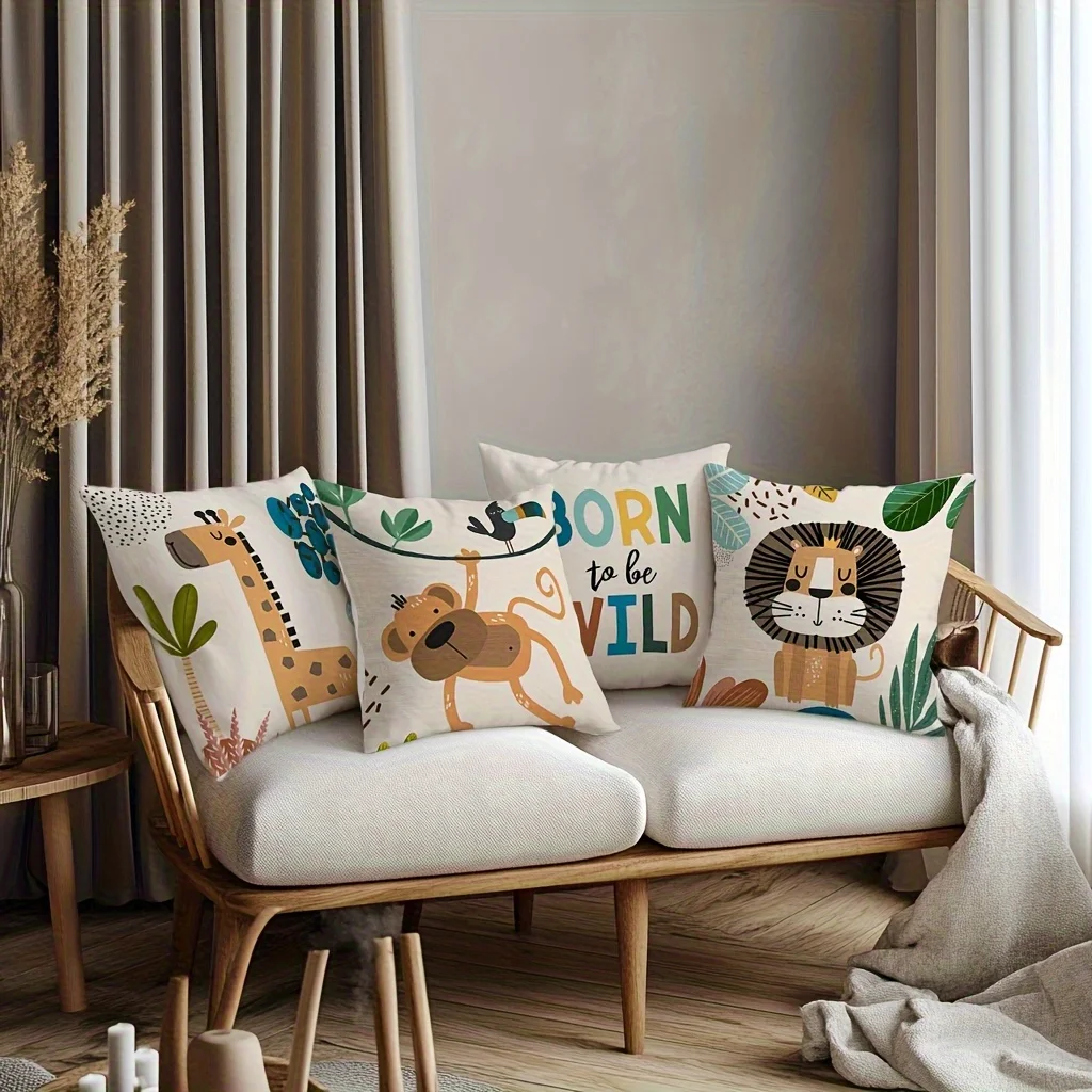 4 Piece Wild Safari Jungle Print Pillow Covers Set Polyester Decorative Throw Cushions for Boho Home Decor Animal Artwork