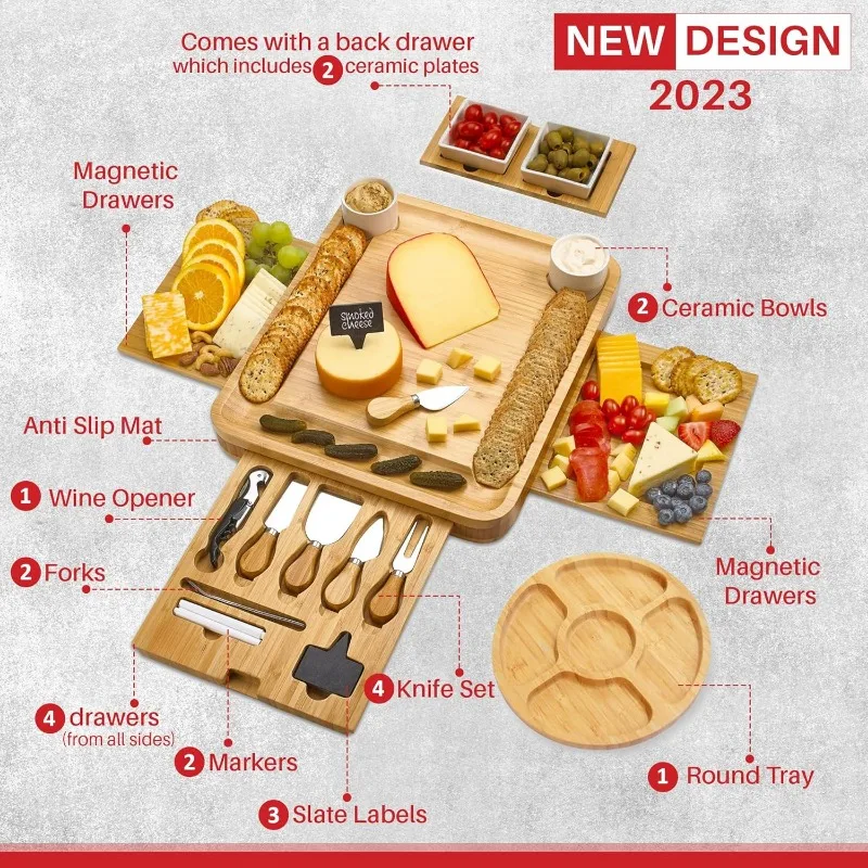 

Large Charcuterie Board Set - 2 Ceramic Bowls & Plates, 4 Magnetic Drawers Bamboo Cheese Knife Set, Round Tray