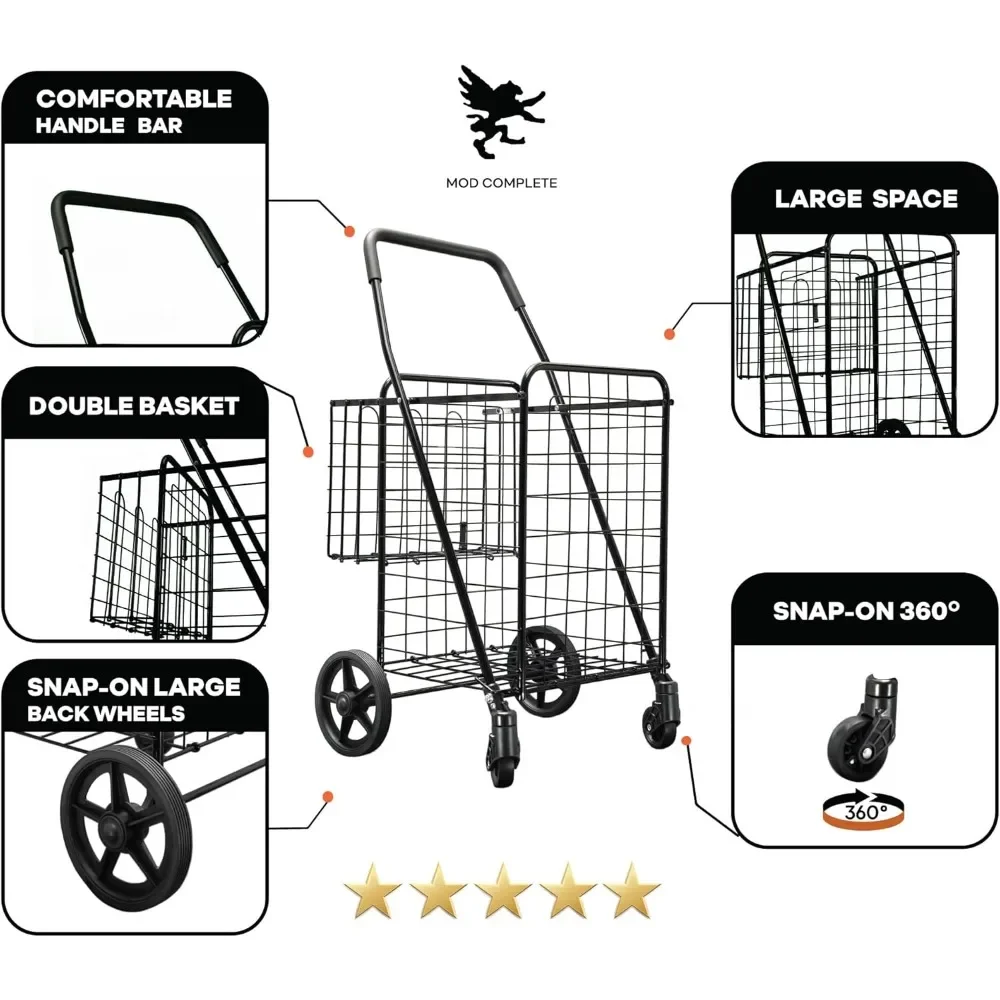 Folding Shopping Cart with 360-Degree Swivel Wheels, Black (Double Basket)