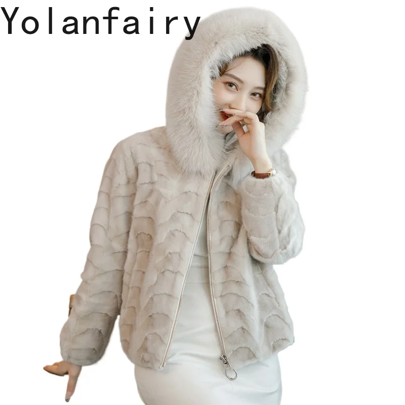 

YOLANFAIRY 100%Real Mink Fur Coat Woman Winter 2026 Fashion Hooded Short Pieced Mink Fur Jacket Fox Fur Collar Women Winter 60cm