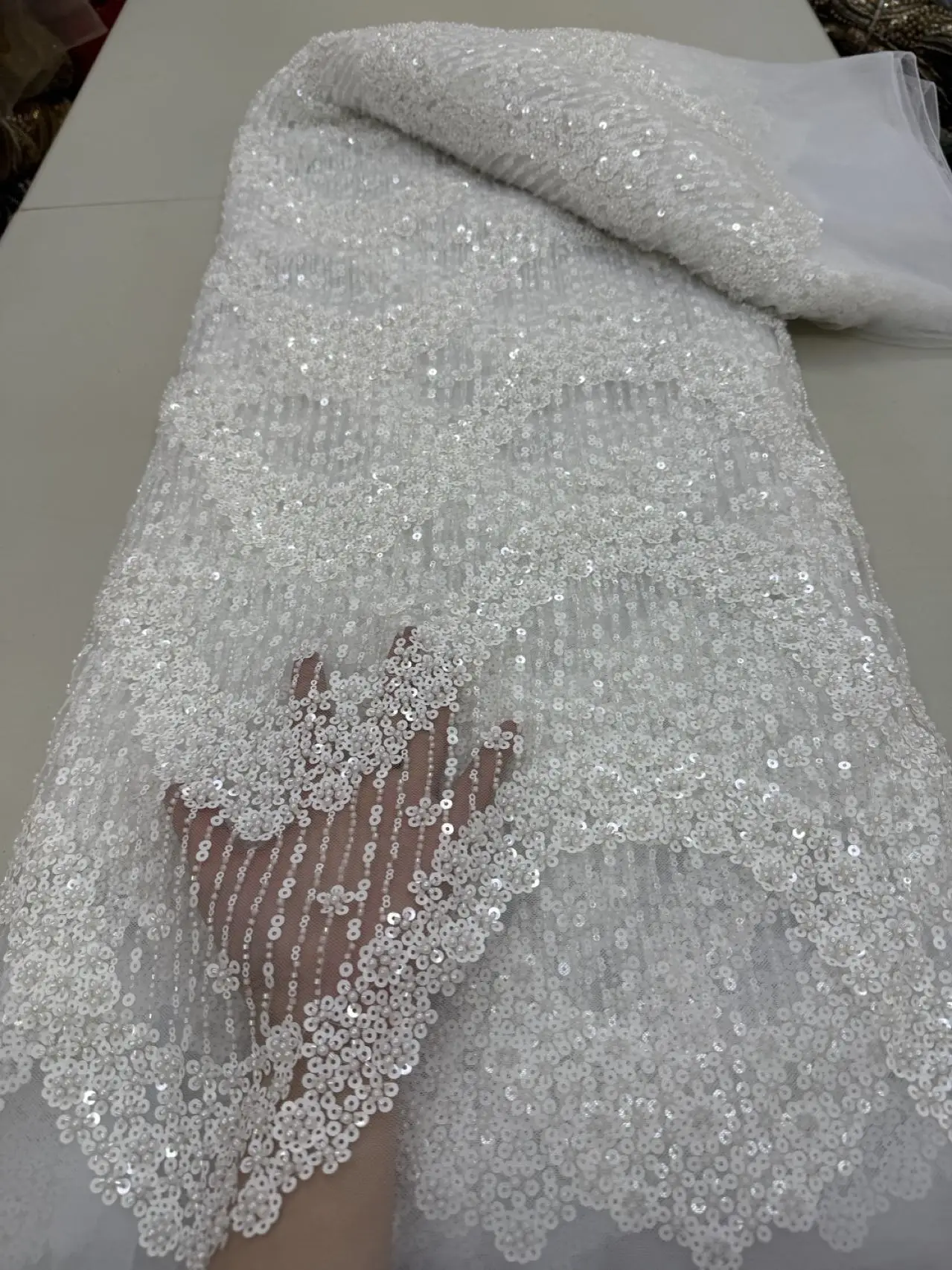 

White French Beaded Lace Bride Fabric 5 Yards 2025 High Quality African Sequin Lace Fabric Nigeria Mesh For Wedding Dress Women