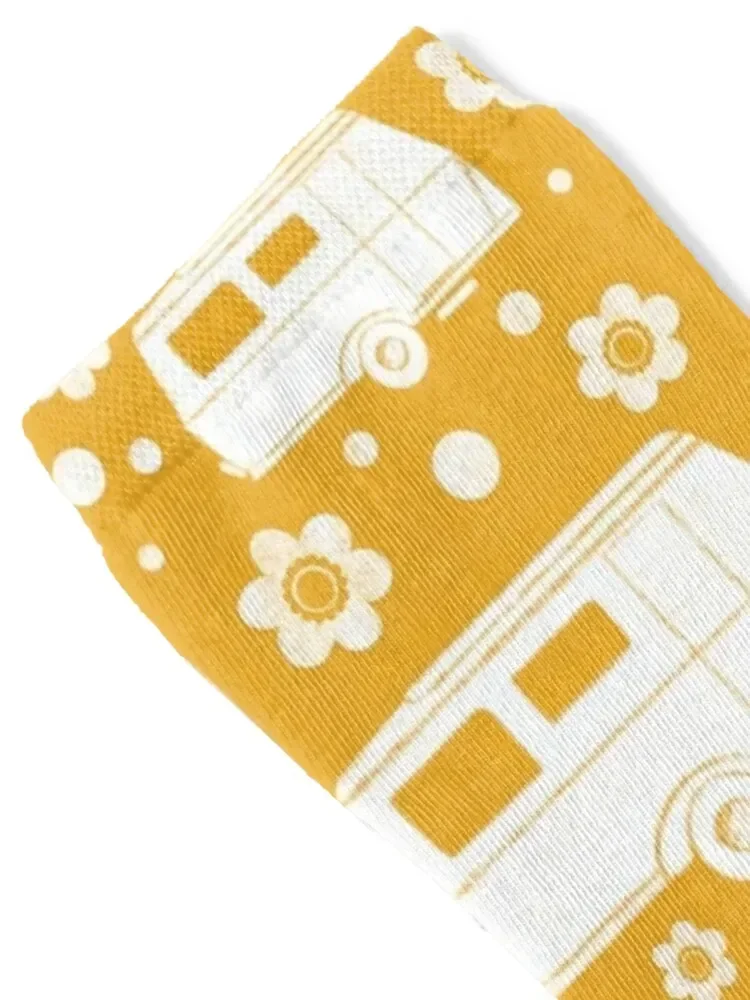 Vintage Caravan block print in mustard yellow and white Socks Lots anti slip football Socks For Women Men's