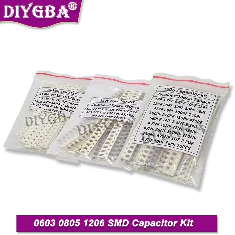 320PCS 720PCS 0603 0805 1206 SMD Capacitor Kit Assorted Kit 16/36Values 1PF ~ 1UF New HJXRHGAL