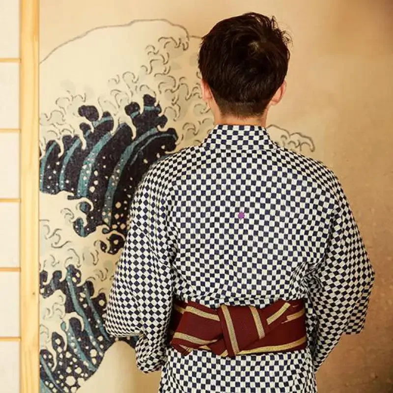Japanese Traditional Men Kimono Lounge Yukata With Belt Classic Samurai Clothing Halloween Party Male Cosplay Warrior Costume