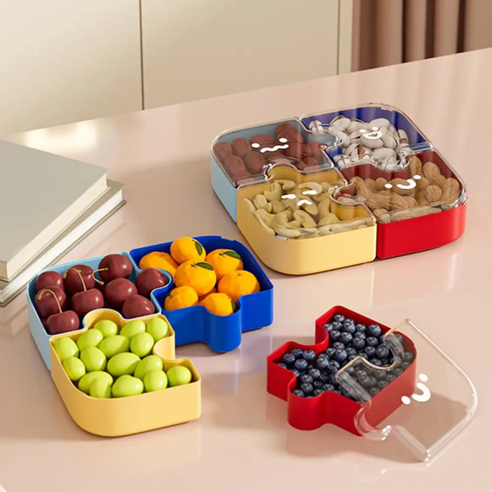 Puzzle-Shaped Modular Snack Tray with Lids Detachable Fruit Nut Candy Organizer Dustproof Stackable Versatile Serving Platter fo