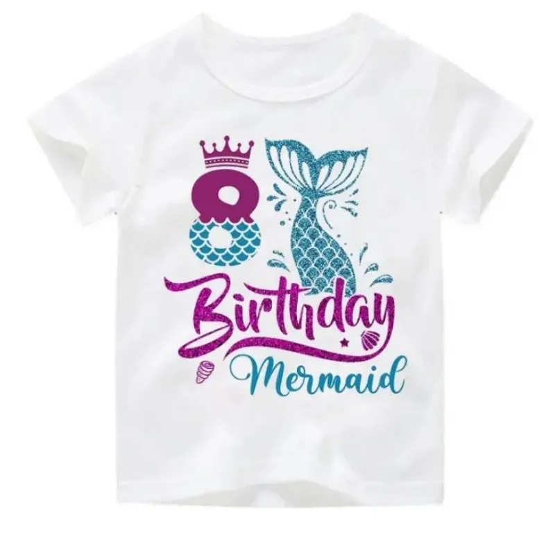 Cute Mermaid Graphic Print Top T-shirt Age4-9 Birthday Girl Princess Tshirt Children'S Clothing Harajuku Kawaii Clothes Tops