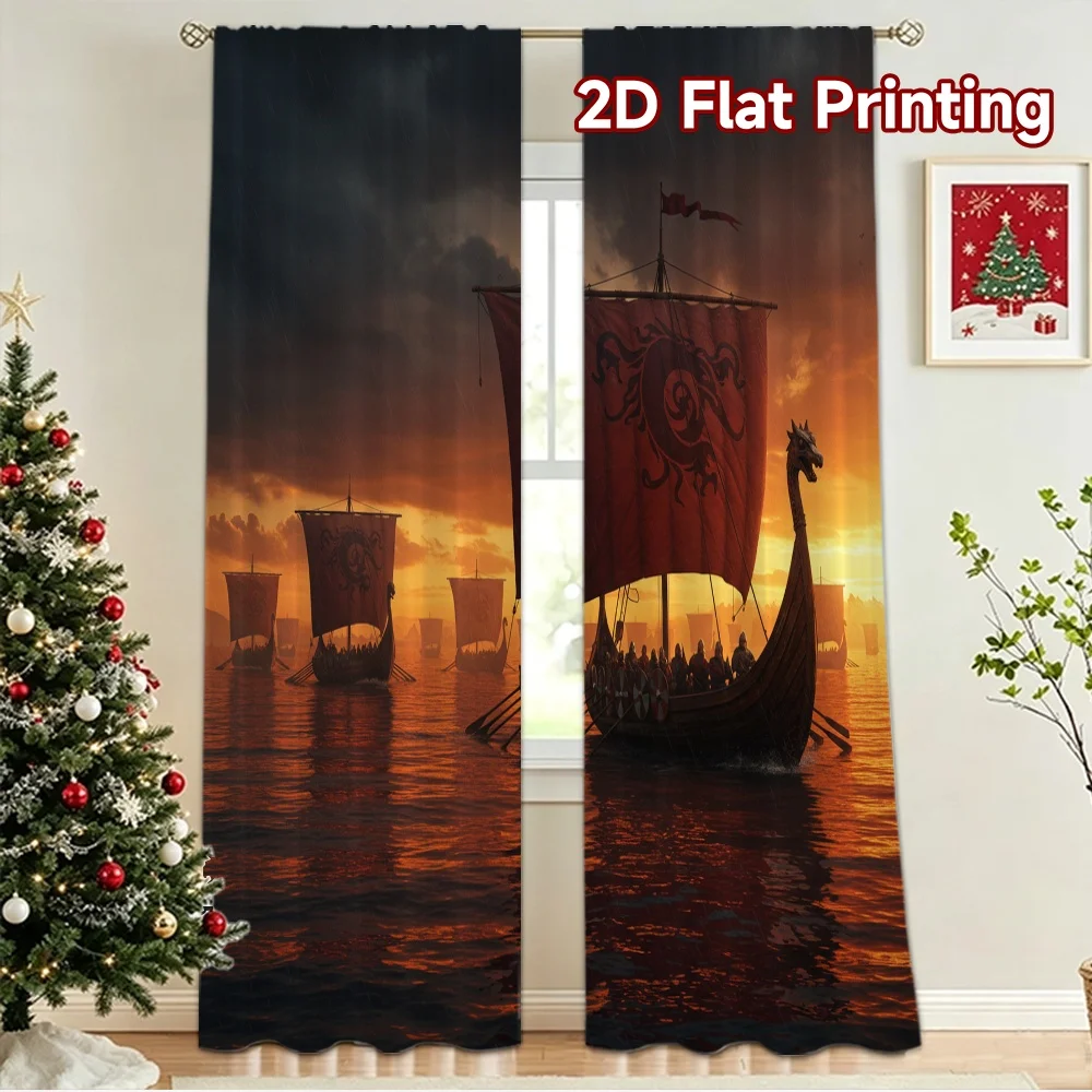 2D flat 2pcs Curtain Country Style Viking Ships at Sunset Durable polyester fiber Festive Curtains Perfect for New Year and