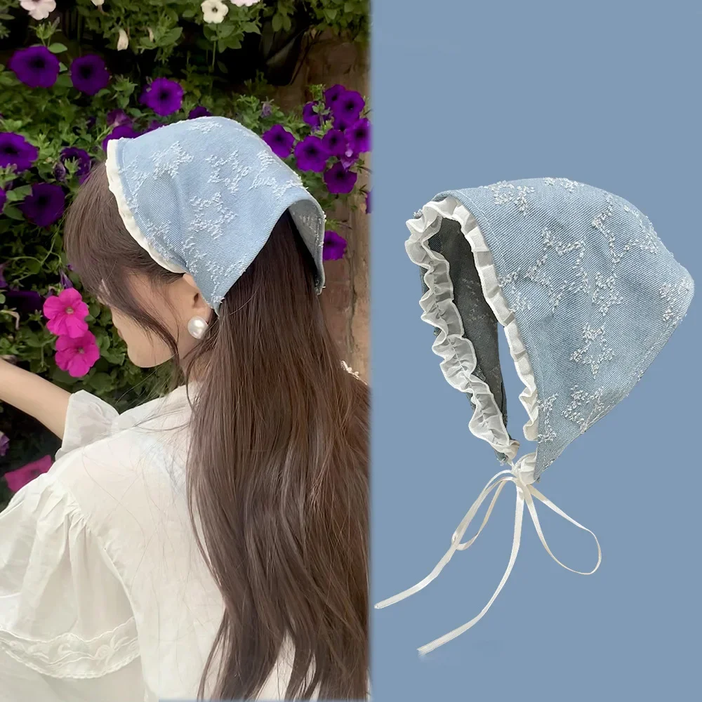 

Женский головной платок Y2K: джинсовый синий тюрбан со звездами, кружевной шарф, треугольная повязка на голову с бантом, винтажный головной убор