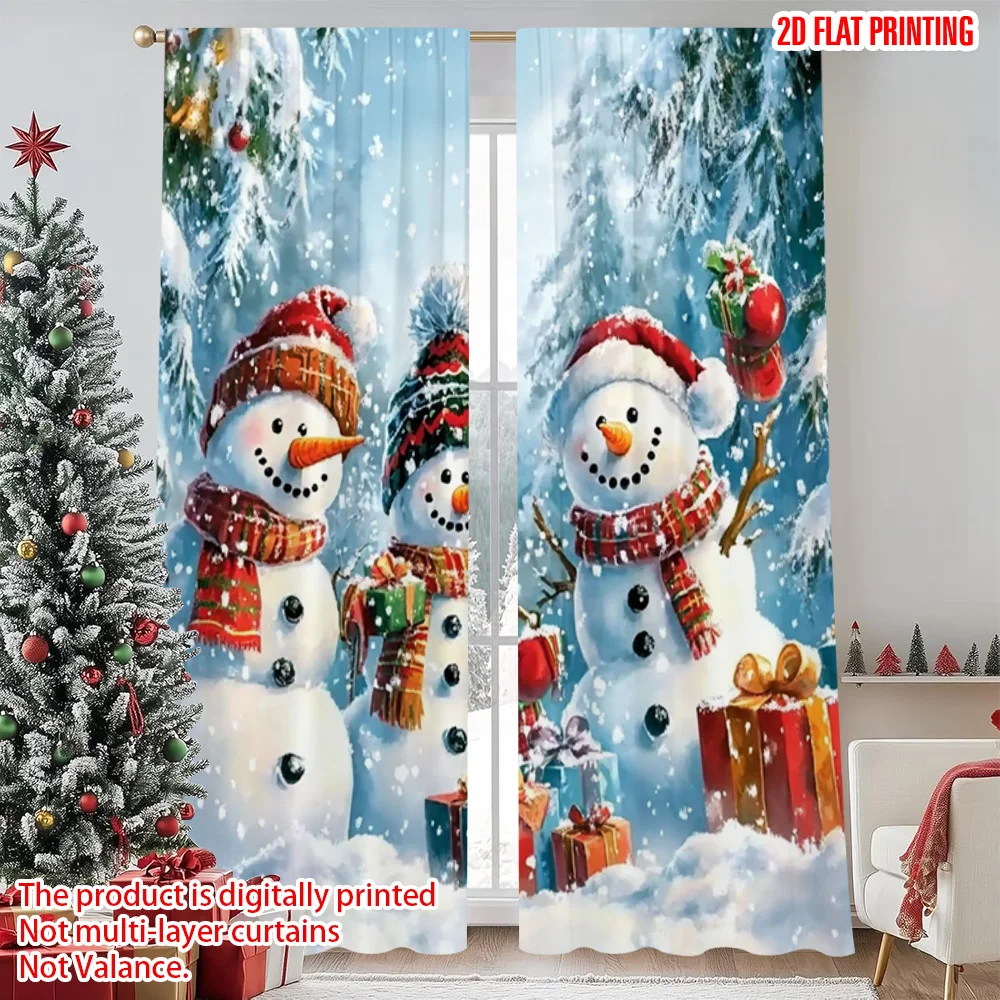 

2pcs 2D flat printing Christmas Party Curtain Christmas cute snowman Polyester Without Electricity Versatile Use for Living Room