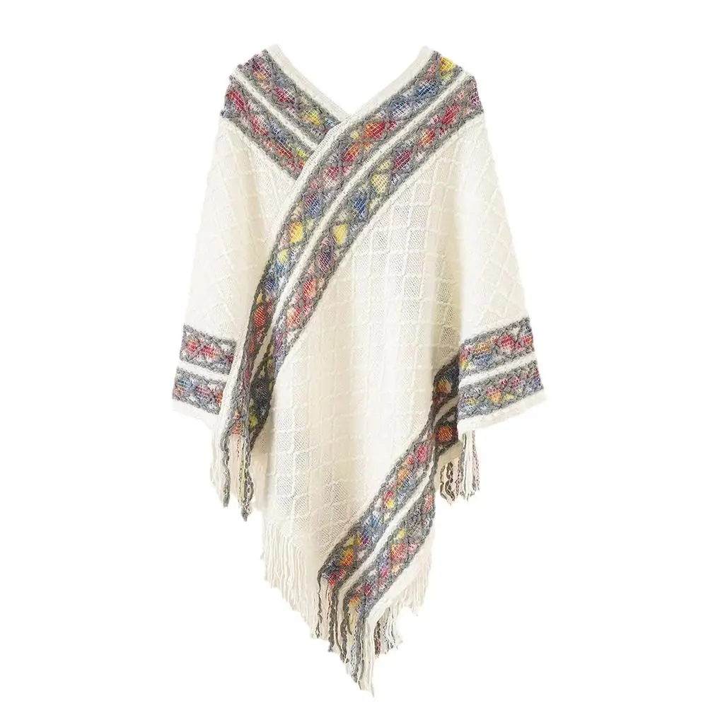 سترة نسائية كلاسيكية محبوكة فضفاضة ، شال عرقي ، شال شرابة فريد ، بلوفر كلاسيكي دافئ ، مريح ، C0D4