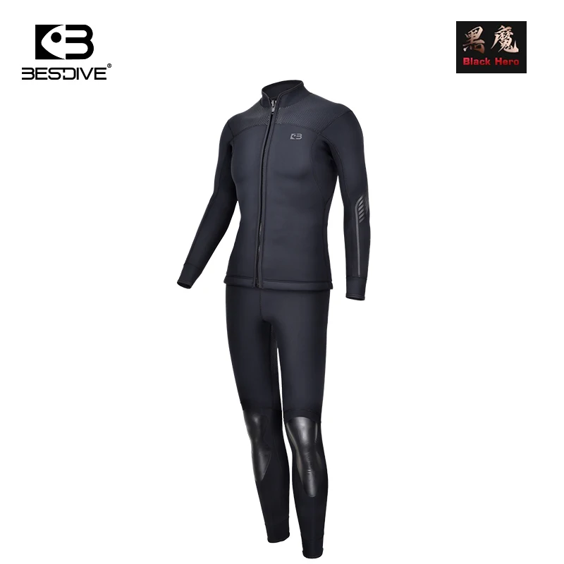 Bestdive Black Hero 2-Piece Men's Wetsuit Zipper Jacket 2.5mm 3.5mm 5mm Yamamoto Neoprene Scuba Suit Top & High Waisted Pants