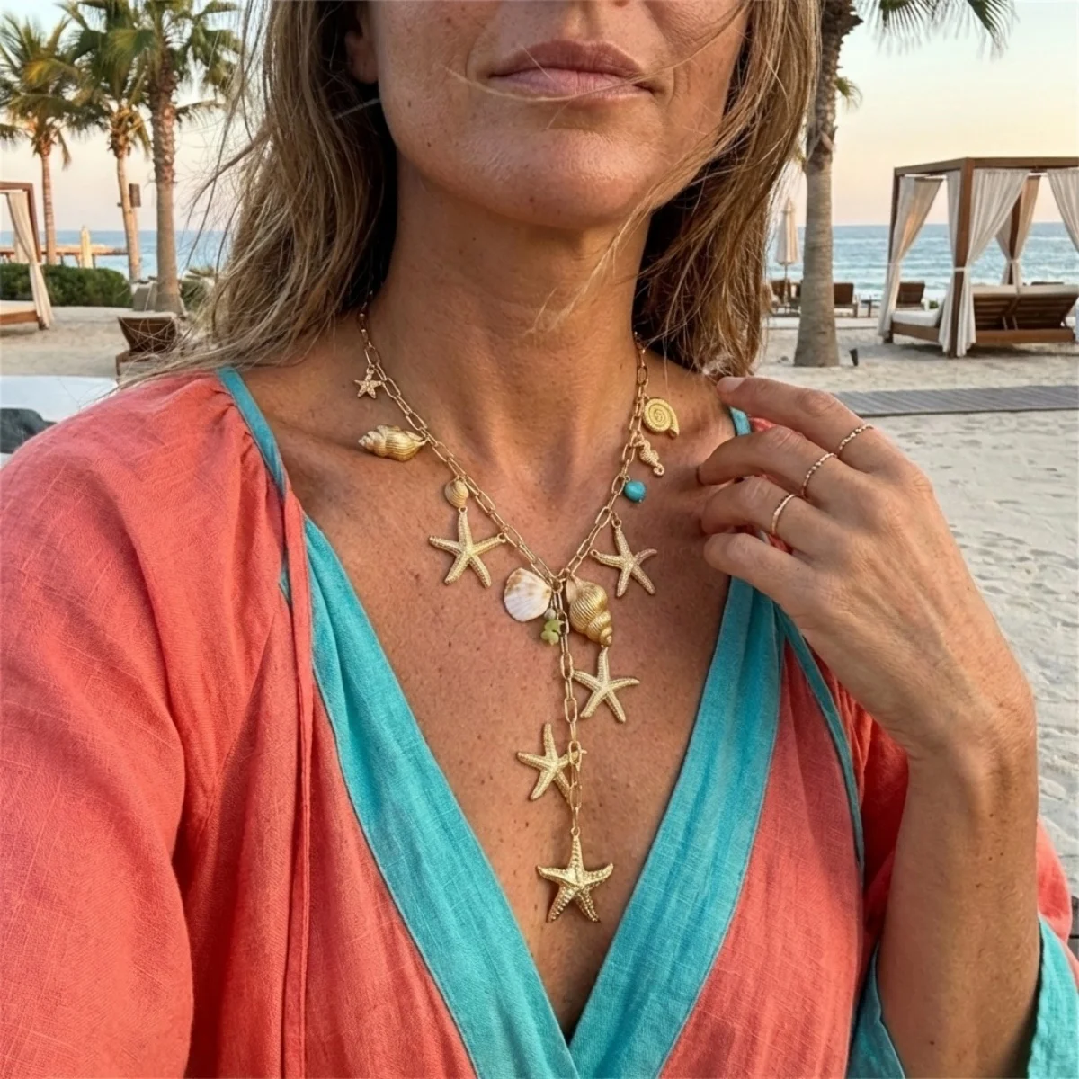 Boho Sommer Strand Metall Seestern Muschel Seepferdchen Anhänger Y-förmige Halskette für Damen und Herren, Seestern Urlaubs-Choker Schmuck – Detail 9