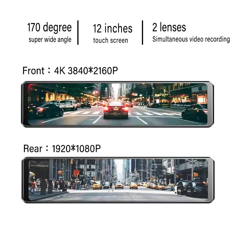 12 بوصة 4k الأمامي والخلفي جهاز تسجيل فيديو رقمي للسيارات شاشة تعمل باللمس داش كام مرآة 2 قناة واي فاي نظام تحديد المواقع داشكام عدسة مزدوجة الذكية 4k مرآة داش كام